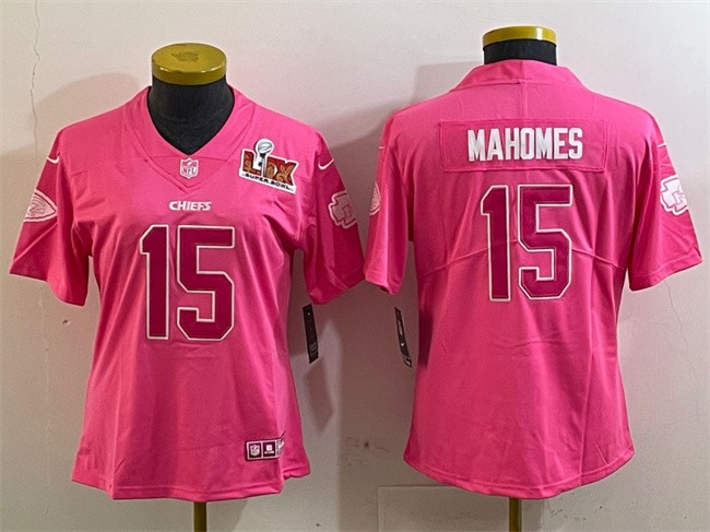 Women's Kansas City Chiefs #15 Patrick Mahomes Pink 2025 Super Bowl LIX Patch Vapor Untouchable Limited Stitched Football Jersey(Run Small)