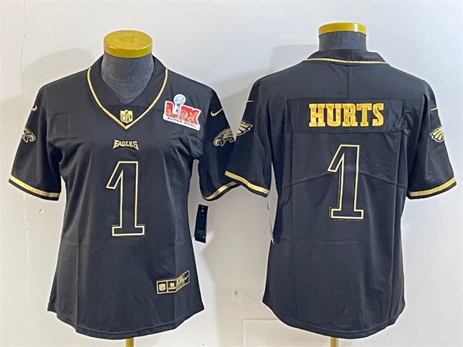 Women's Philadelphia Eagles #1 Jalen Hurts Black_Gold 2025 Super Bowl LIX Patch Salute To Service Vapor Untouchable Limited Stitched Football Jersey(Run Small)