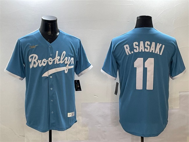 Men's Los Angeles Dodgers #11 Roki Sasaki Blue Throwback Stitched Baseball Jersey