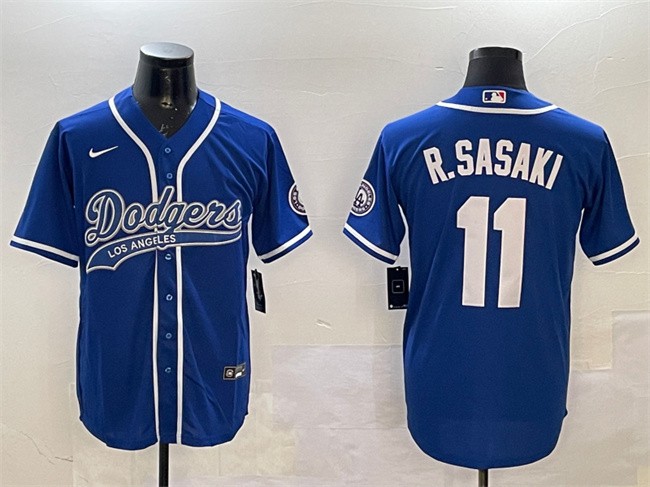 Men's Los Angeles Dodgers #11 Roki Sasaki Royal With Patch Cool Base Stitched Baseball Jersey