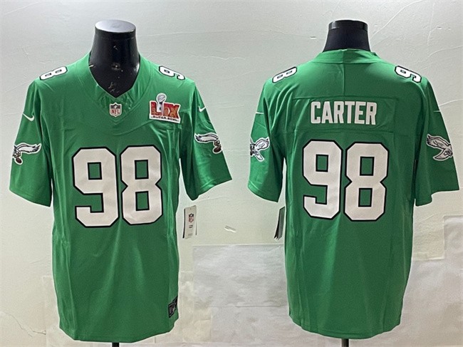 Men's Philadelphia Eagles #98 Jalen Carter Green 2025 Super Bowl LIX Patch F.U.S.E. Throwback Vapor Untouchable Limited Stitched Football Jersey