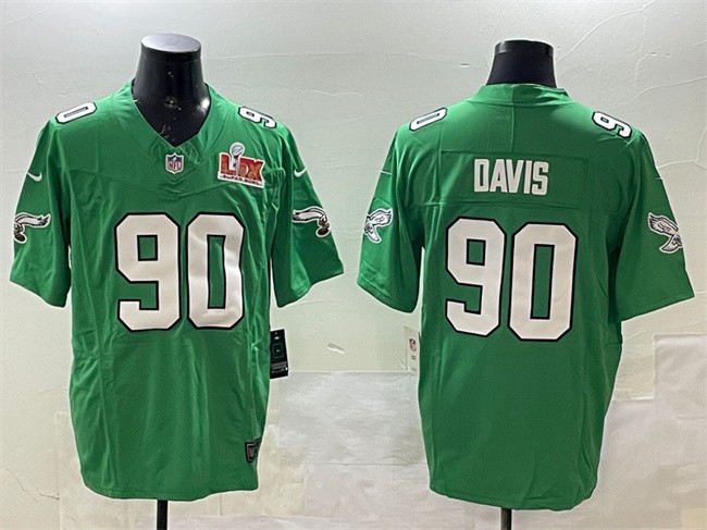 Men's Philadelphia Eagles #90 Jordan Davis Green 2025 Super Bowl LIX Patch F.U.S.E. Throwback Vapor Untouchable Limited Stitched Football Jersey