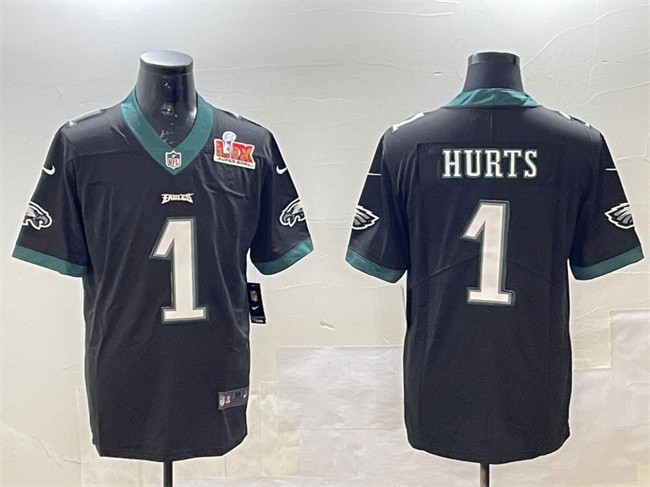 Men's Philadelphia Eagles #1 Jalen Hurts Black 2025 Super Bowl LIX Patch Vapor Untouchable Limited Stitched Football Jersey