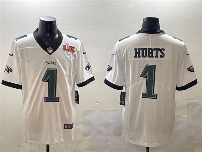 Men's Philadelphia Eagles #1 Jalen Hurts White 2025 Super Bowl LIX Patch Vapor Untouchable Limited Stitched Football Jersey