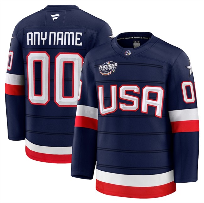 Men's USA Active Player Custom Navy 2025 4 Nations Face-Off Stitched Jersey