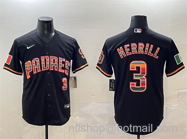 Men's San Diego Padres #3 Jackson Merrill Black Mexico Cool Base Stitched Baseball Jersey