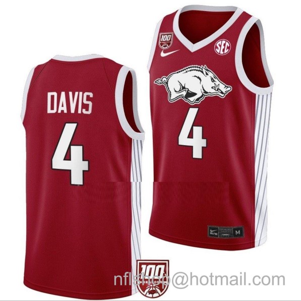 Men's Arkansas Razorbacks Davonte Davis College Basketball 100 Season Limited Red #4 Stitched Jersey