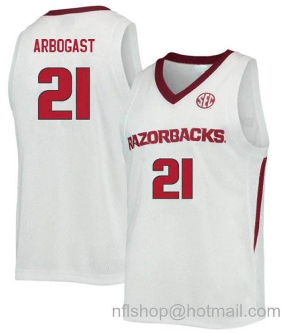 Men's Arkansas Razorbacks Cade Arbogast College Basketball White 1 #21 Stitched Jersey