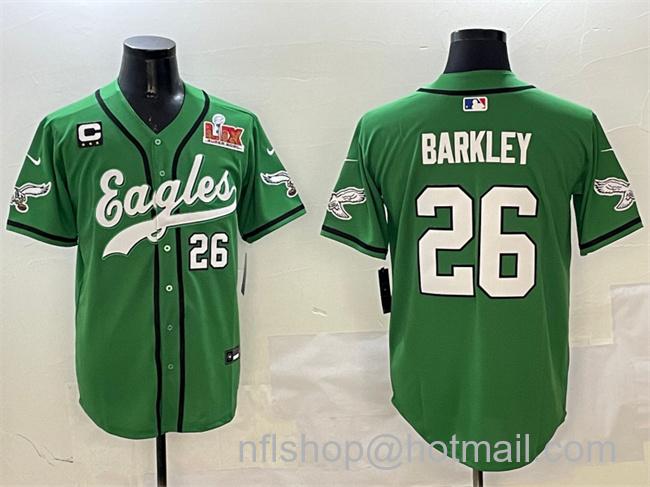 Men's Philadelphia Eagles #26 Saquon Barkley Green 2025 Super Bowl LIX And 3-Star C Patch Stitched Baseball Jersey