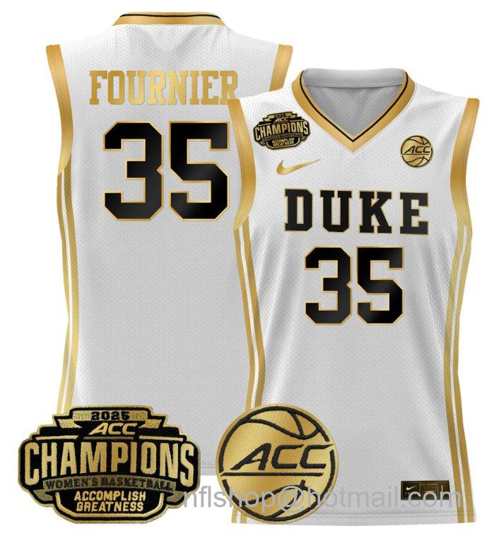 Women's Toby Fournier Jersey #35 Duke Blue Devils 2025 ACC Champions White Gold