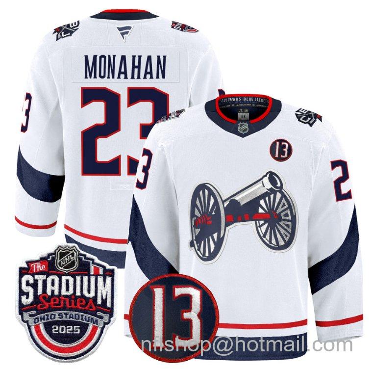 Youth Columbus Blue Jackets Sean Monahan #23 2025 Stadium Series #13 Johnny Gaudreau Patch White Stitched Hockey Jersey