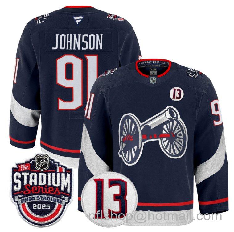 Youth Columbus Blue Jackets Kent Johnson #91 2025 Stadium Series #13 Johnny Gaudreau Patch Navy Stitched Hockey Jersey