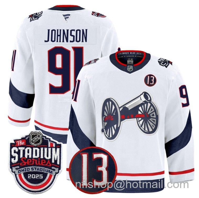 Youth Columbus Blue Jackets Kent Johnson #91 2025 Stadium Series #13 Johnny Gaudreau Patch White Stitched Hockey Jersey