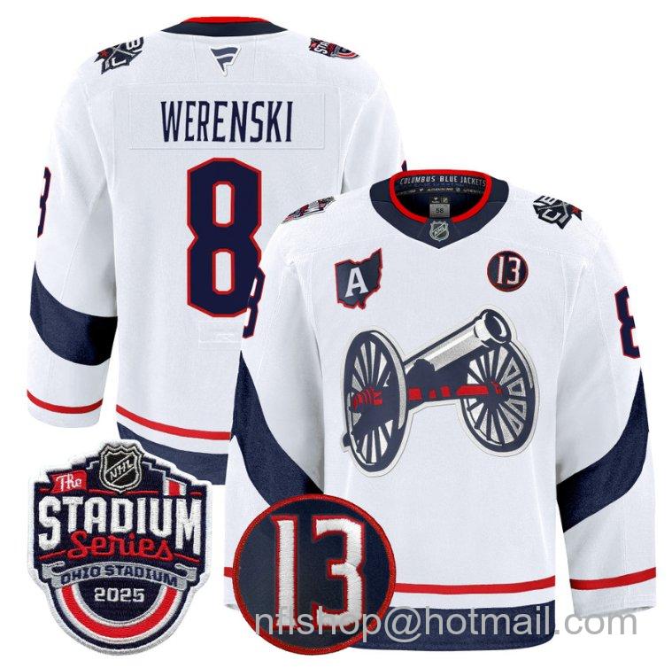 Youth Columbus Blue Jackets Zach Werenski #8 2025 Stadium Series #13 Johnny Gaudreau Patch White Stitched Hockey Jersey