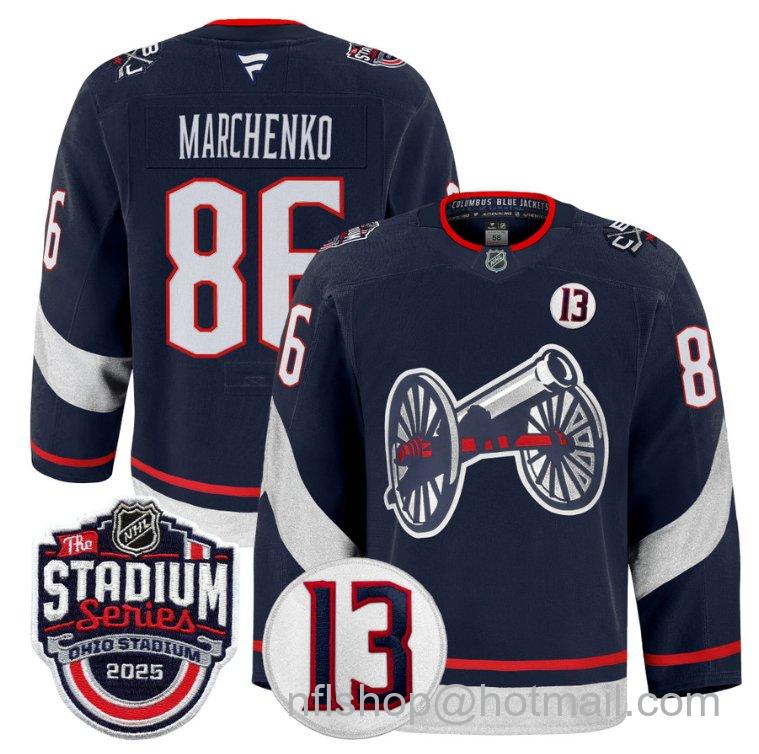 Youth Columbus Blue Jackets Kirill Marchenko #86 2025 Stadium Series #13 Johnny Gaudreau Patch Navy Stitched Hockey Jersey