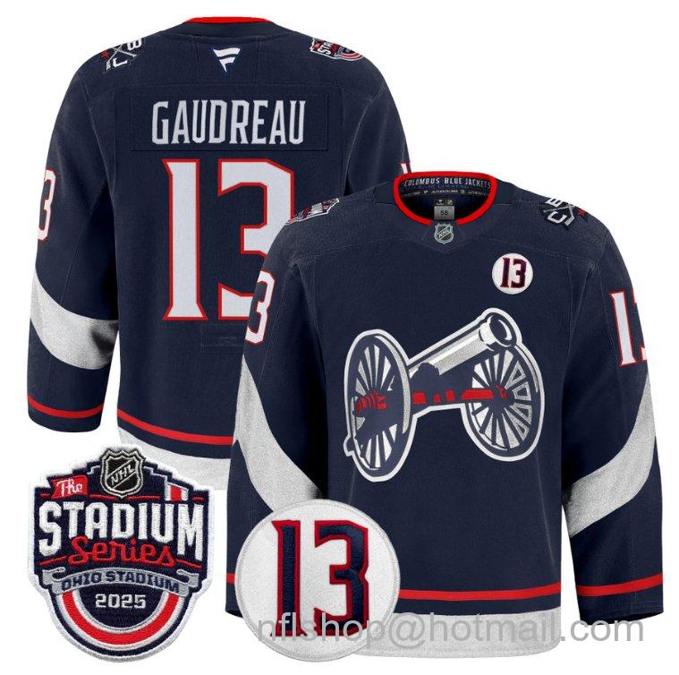 Youth Columbus Blue Jackets Johnny Gaudreau #13 2025 Stadium Series #13 Johnny Gaudreau Patch Navy Stitched Hockey Jersey