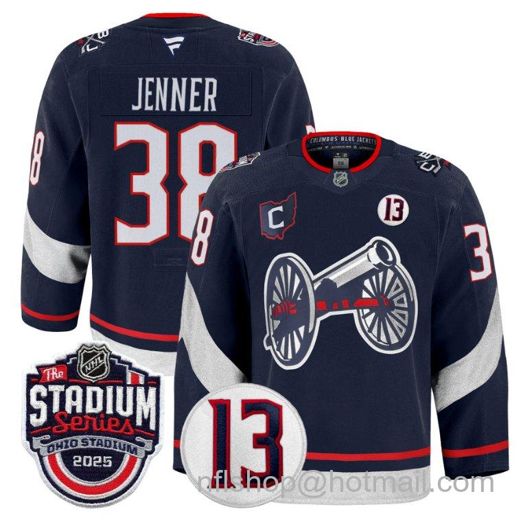 Youth Columbus Blue Jackets Boone Jenner #38 2025 Stadium Series #13 Johnny Gaudreau Patch Navy Stitched Hockey Jersey