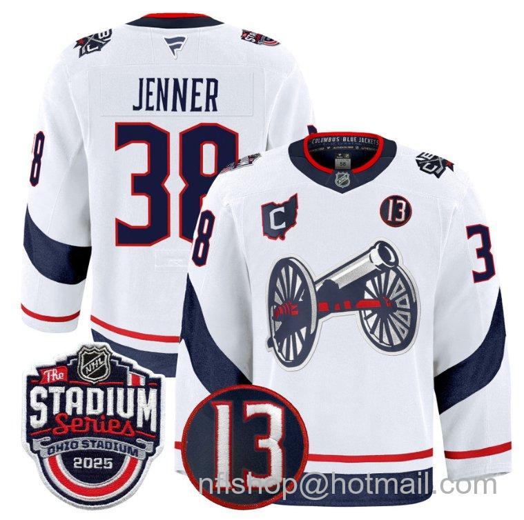 Youth Columbus Blue Jackets Boone Jenner #38 2025 Stadium Series #13 Johnny Gaudreau Patch White Stitched Hockey Jersey