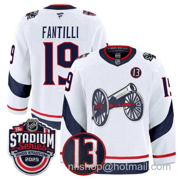 Youth Columbus Blue Jackets Adam Fantilli #19 2025 Stadium Series #13 Johnny Gaudreau Patch White Stitched Hockey Jersey