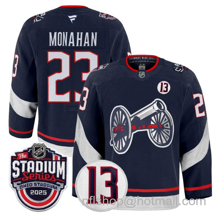 Youth Columbus Blue Jackets Sean Monahan #23 2025 Stadium Series #13 Johnny Gaudreau Patch Navy Stitched Hockey Jersey