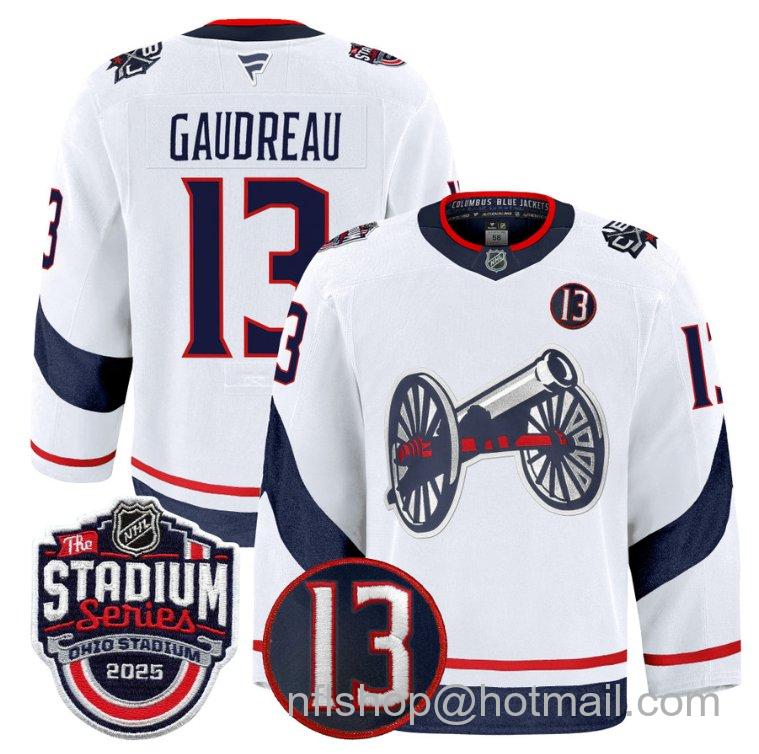 Youth Columbus Blue Jackets Johnny Gaudreau #13 2025 Stadium Series #13 Johnny Gaudreau Patch White Stitched Hockey Jersey