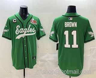 Men's Philadelphia Eagles #11 A.J. Brown Green 2025 Super Bowl LIX And 3-Star C Patch Stitched Baseball Jersey