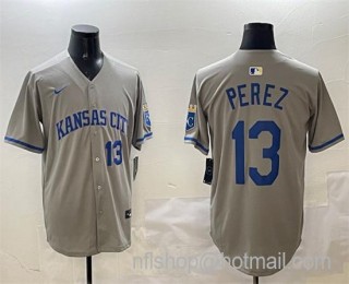 Men's Kansas City Royals #13 Salvador Perez Grey 2024 Away Limited Stitched Baseball Jersey