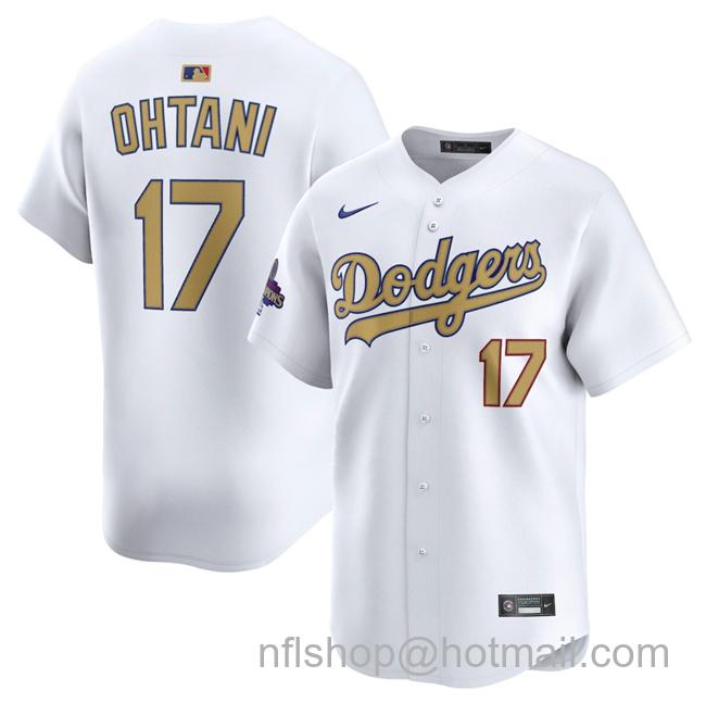 Men's Los Angeles Dodgers #17 Shohei Ohtani White 2025 Gold Collection Limited Stitched Baseball Jersey