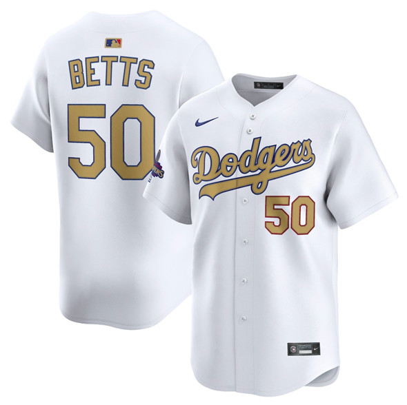 Men's Los Angeles Dodgers #50 Mookie Betts White 2025 Gold Collection Limited Stitched Baseball Jersey