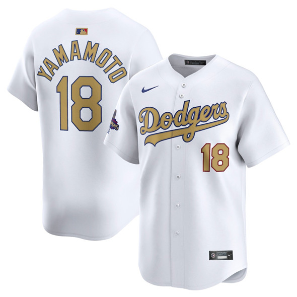 Men's Los Angeles Dodgers #18 Yoshinobu Yamamoto White 2025 Gold Collection Limited Stitched Baseball Jersey