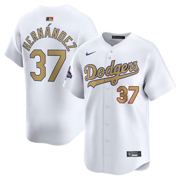 Men's Los Angeles Dodgers #37 Teoscar Hernandez White 2025 Gold Collection Limited Stitched Baseball Jersey