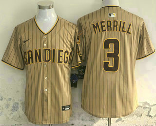 Men's San Diego Padres #3 Jackson Merrill Khaki Pinstripe Limited Stitched Jersey