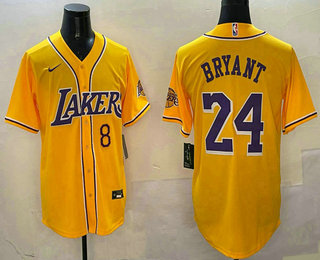 Men's Los Angeles Lakers #8 24 Kobe Bryant Yellow Purple With Patch Cool Base Stitched Baseball Jersey