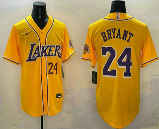 Men's Los Angeles Lakers #24 Kobe Bryant Number Yellow Purple With Patch Cool Base Stitched Baseball Jersey