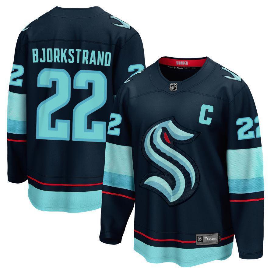 Men’s Seattle Kraken #22 Oliver Bjorkstrand Navy Stitched Hockey Jersey