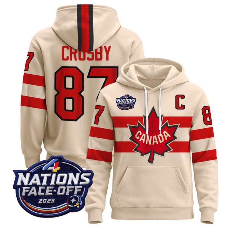 Men's Sidney Crosby Hoodie #87 Canada 4 Nations Face-Off 2025 Pullover V2 Cream