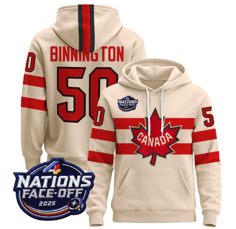 Men's Jordan Binnington Pullover Hoodie #50 Canada 4 Nations Face-Off 2025 V2 Cream