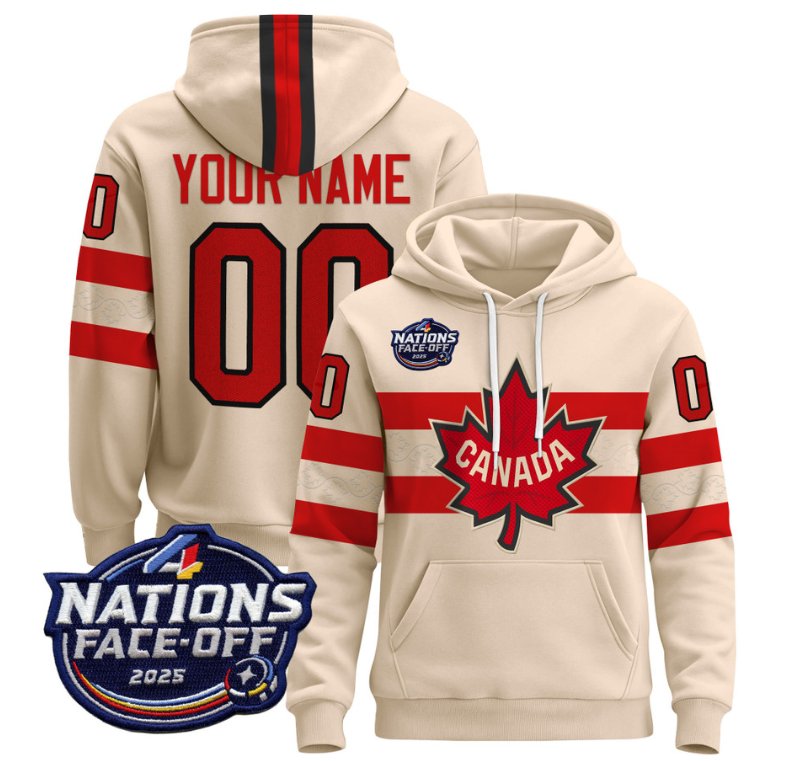 Men's Custom Canada Hoodie 4 Nations Face-Off 2025 Pullover V2 Stitched Cream