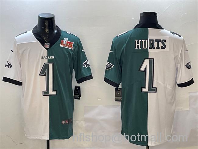 Men's Philadelphia Eagles #1 Jalen Hurts White & Green Split 2025 Super Bowl LIX Patch Vapor Untouchable Limited Stitched Football Jersey