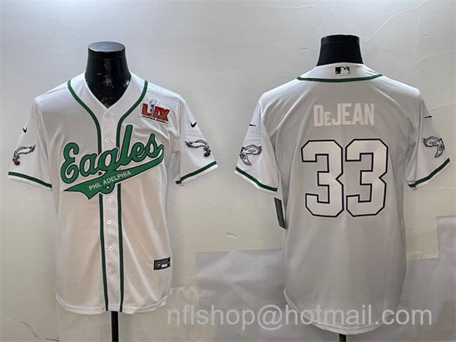 Men's Philadelphia Eagles #33 Cooper DeJean White 2025 Super Bowl LIX Patch Cool Base Stitched Baseball Jersey