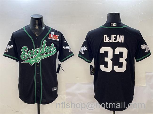 Men's Philadelphia Eagles #33 Cooper DeJean Black 2025 Super Bowl LIX Patch Cool Base Stitched Baseball Jersey