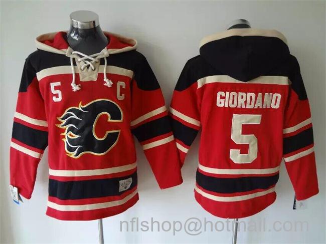 Men's Calgary Flames #5 Mark Giordano Red/Black Ageless Must-Have Lace-Up Pullover Hoodie