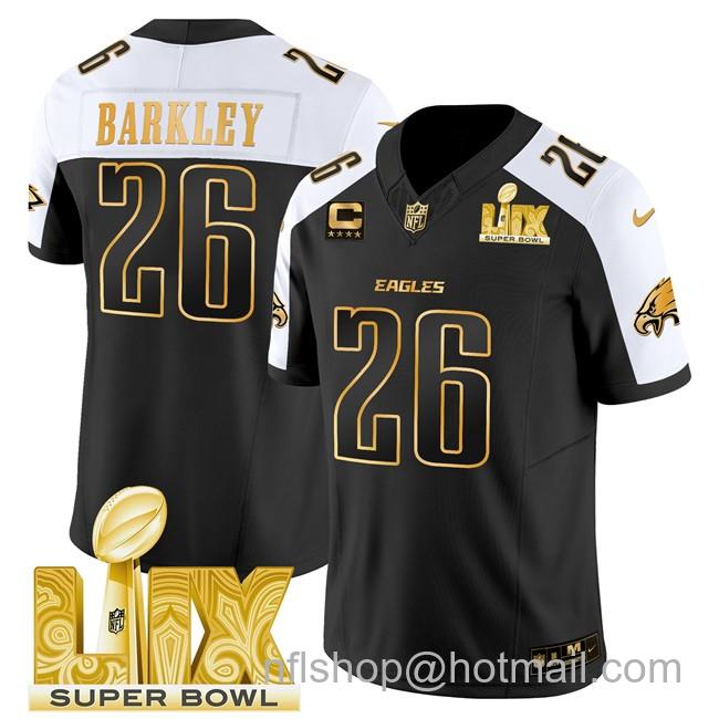 Men's Philadelphia Eagles #26 Saquon Barkley Black Gold 2025 Super Bowl LIX With 4-Star C Patch New F.U.S.E. Vapor Untouchable Limited Stitched Football Jersey