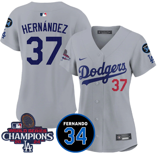 Women's Los Angeles Dodgers #37 Teoscar Hernández Gray 2024 World Series Champions With Fernando Memorial Patch Vapor Premier Limited Stitched Baseball Jersey(Run Small)