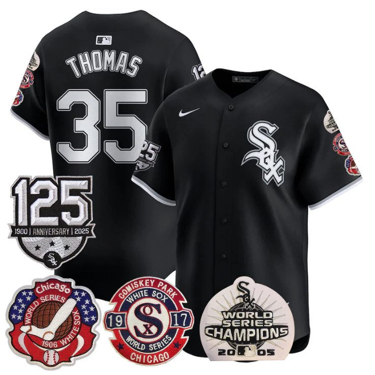 Men's Frank Thomas Jersey #35 Chicago White Sox 125th Anniversary World Series Champions Stitched Black