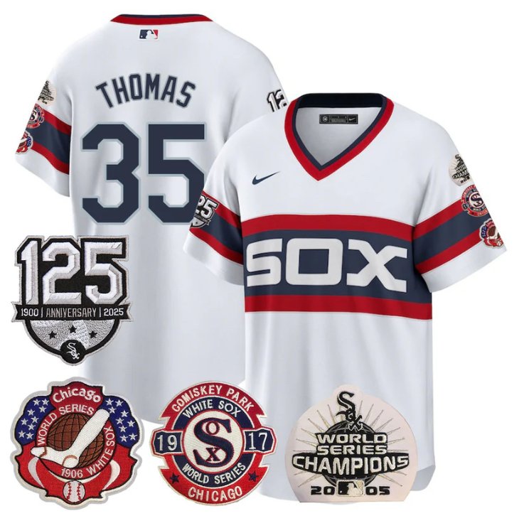 Men's Frank Thomas Jersey #35 Chicago White Sox 125th Anniversary World Series Champions Stitched White 1983
