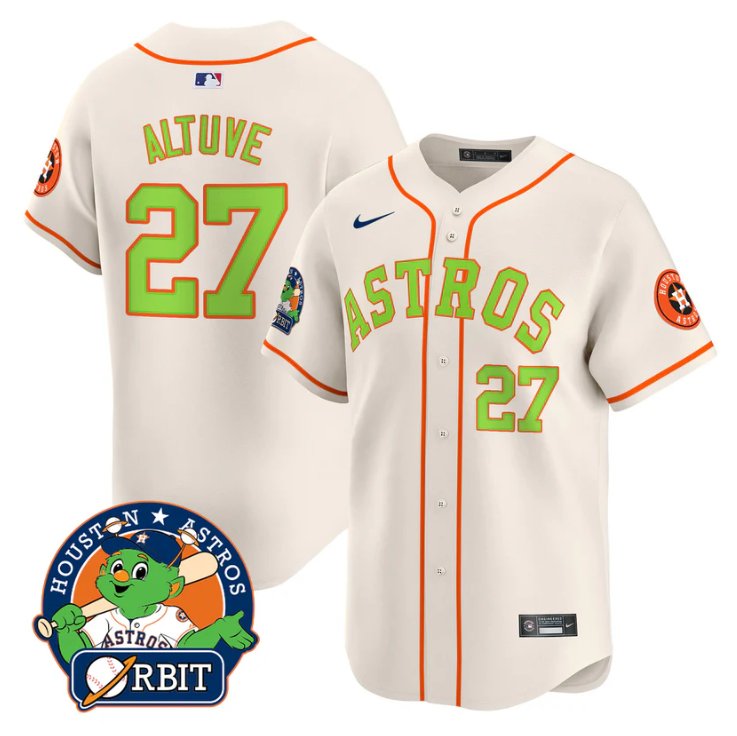 Men's José Altuve Jersey #27 Astros Orbit Patch Vapor Premier Limited V2 Stitched Cream