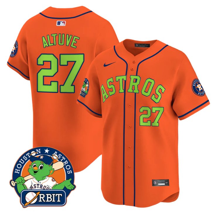 Men's José Altuve Jersey #27 Astros Orbit Patch Vapor Premier Limited V2 Stitched Orange