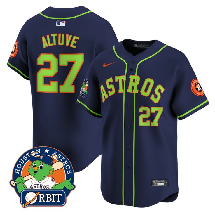Men's José Altuve Jersey #27 Astros Orbit Patch Vapor Premier Limited V2 Stitched Navy