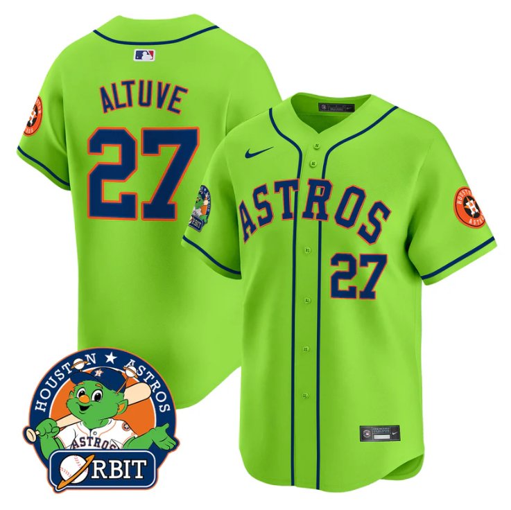Men's José Altuve Jersey #27 Astros Orbit Patch Vapor Premier Limited V2 Stitched Green